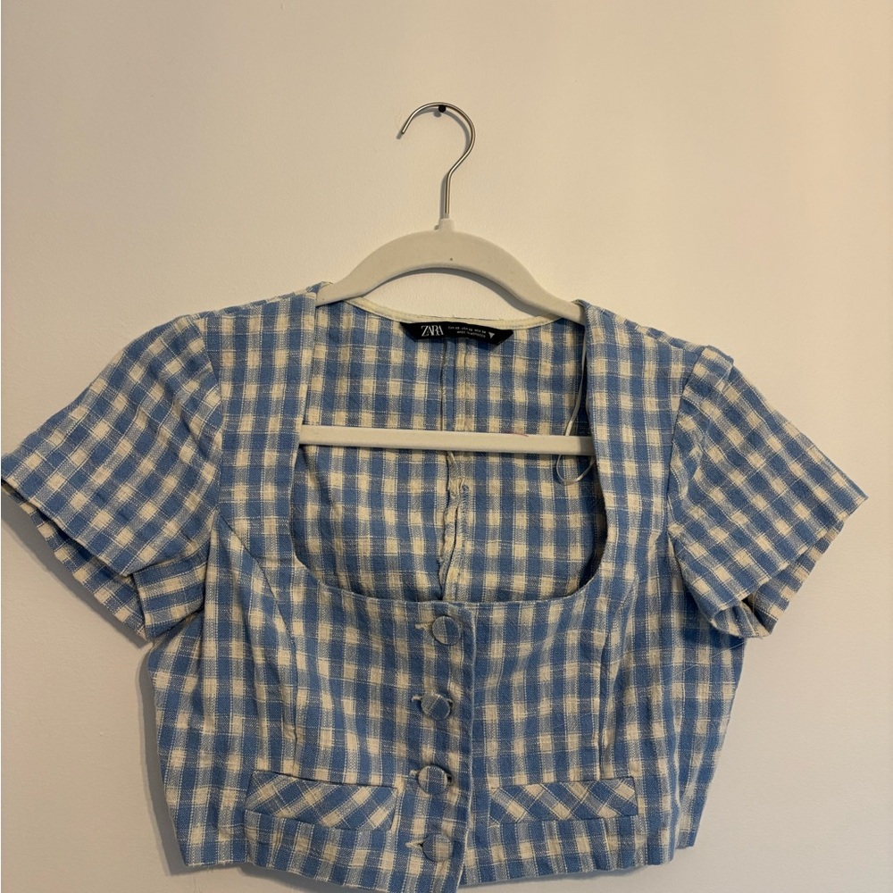 Zara Blue and White Checkered Crop Top
